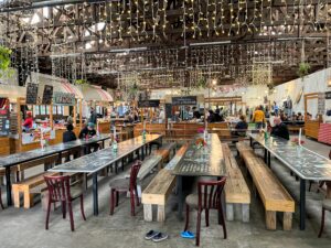 Blue Bird Garage Market Tables and Lights