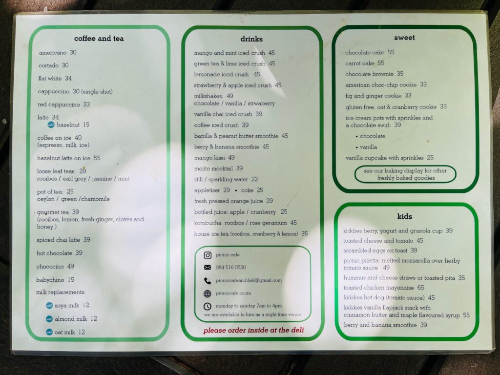 Picnic Cafe and Deli drinks menu